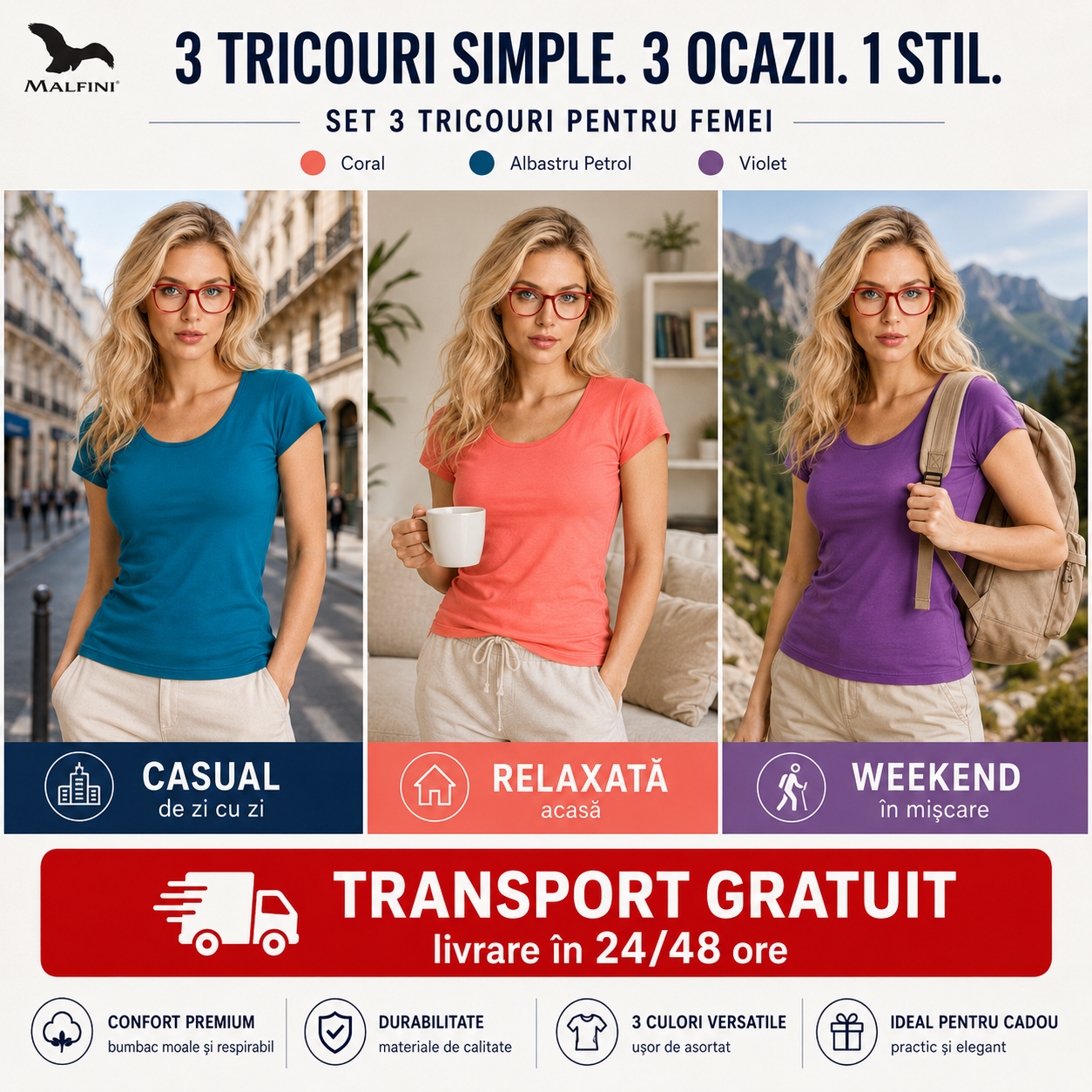 Tricouri damă din bumbac 100% model 122 albastru coral violet